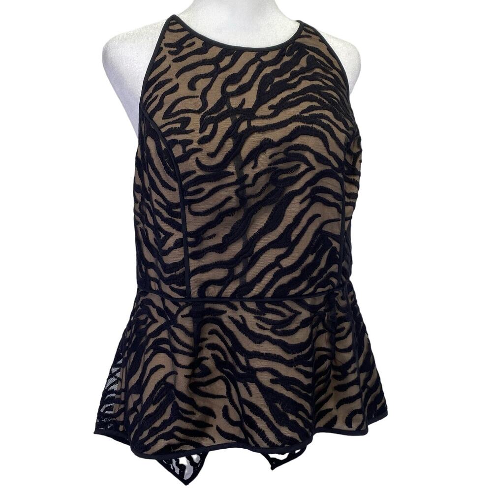 BCBG Black Sheer Mesh Zebra Top Sz 10 Embroidered Peplum Asymmetrical Animal NEW